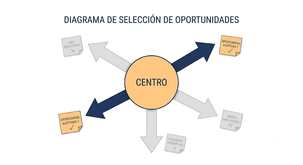 Diagrama de un centro estratégico con cinco oportunidades, mostrando cómo el centro permite elegir dos y descartar tres